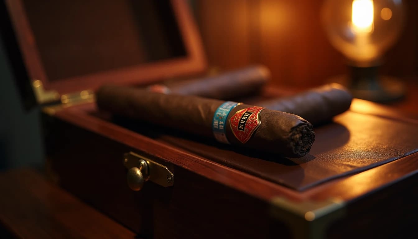 Editorial hero shot of a Padron 1964 Anniversary Series Maduro torpedo cigar resting on a dark mahogany humidor lid, rich oily maduro wrapper clearly visible, warm amber side-lighting from a nearby table lamp casting long shadows, leather cigar case partially open in background, shallow depth of field, muted brown and copper color palette, Cigar Aficionado magazine style product photography, 50mm lens impression, no candles, no flowers, editorial product photography, Whisky Magazine and Cigar Aficionado style, professional, hyperrealistic, warm amber lighting from window or bar lamp, polished wood and brass, shallow depth of field, 50mm lens look. Avoid: candles, lit candle, flowers, vases, Christmas decorations, neon, futuristic, jewelry, hanging bulbs, digital screens, motion blur, cartoon, illustration.