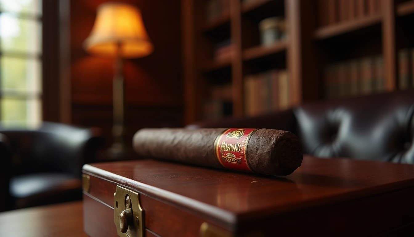 Editorial product shot of a Padrón 1964 Anniversary Maduro Torpedo cigar resting on a dark walnut humidor lid, rich dark oily wrapper visible in close detail, soft warm amber window light from the left side casting gentle shadows, blurred leather armchair and wooden bookshelf in background, deep mahogany color palette, shallow depth of field, photographic style of Cigar Aficionado magazine, 85mm portrait lens look, no candles, no flowers, editorial product photography, Whisky Magazine and Cigar Aficionado style, professional, hyperrealistic, warm amber lighting from window or bar lamp, polished wood and brass, shallow depth of field, 50mm lens look. Avoid: candles, lit candle, flowers, vases, Christmas decorations, neon, futuristic, jewelry, hanging bulbs, digital screens, motion blur, cartoon, illustration.