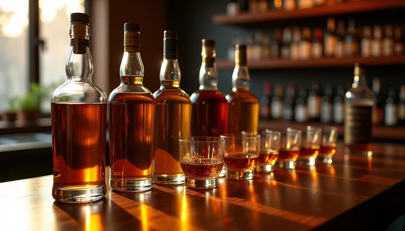 Editorial hero shot of five different whisky bottles lined up on a dark walnut bar counter in order of color intensity from pale gold to deep amber, each with a Glencairn glass beside it partially filled, warm diffused window light from the left casting long shadows, whisky droplets on the counter surface, blurred shelves of bottles in background, Whisky Magazine editorial style, 35mm wide angle look, no candles, no flowers, rich amber and mahogany tones, editorial product photography, Whisky Magazine and Cigar Aficionado style, professional, hyperrealistic, warm amber lighting from window or bar lamp, polished wood and brass, shallow depth of field, 50mm lens look. Avoid: candles, lit candle, flowers, vases, Christmas decorations, neon, futuristic, jewelry, hanging bulbs, digital screens, motion blur, cartoon, illustration.