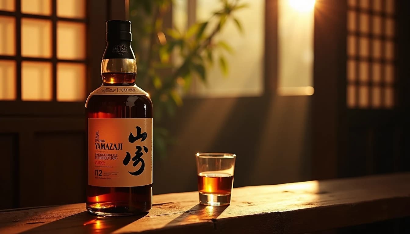 Editorial 16:9 hero shot of a Yamazaki 12 Year Old whisky bottle on a dark weathered oak counter, soft warm amber light filtering through a shoji screen from the left side, a copper Glencairn glass half-filled with golden whisky beside it, blurred bamboo silhouette visible through a background window, deep shadows, rich wood textures, Whisky Magazine editorial style, 35mm lens feel, shallow depth of field, no candles, no flowers, no neon, editorial product photography, Whisky Magazine and Cigar Aficionado style, professional, hyperrealistic, warm amber lighting from window or bar lamp, polished wood and brass, shallow depth of field, 50mm lens look. Avoid: candles, lit candle, flowers, vases, Christmas decorations, neon, futuristic, jewelry, hanging bulbs, digital screens, motion blur, cartoon, illustration.