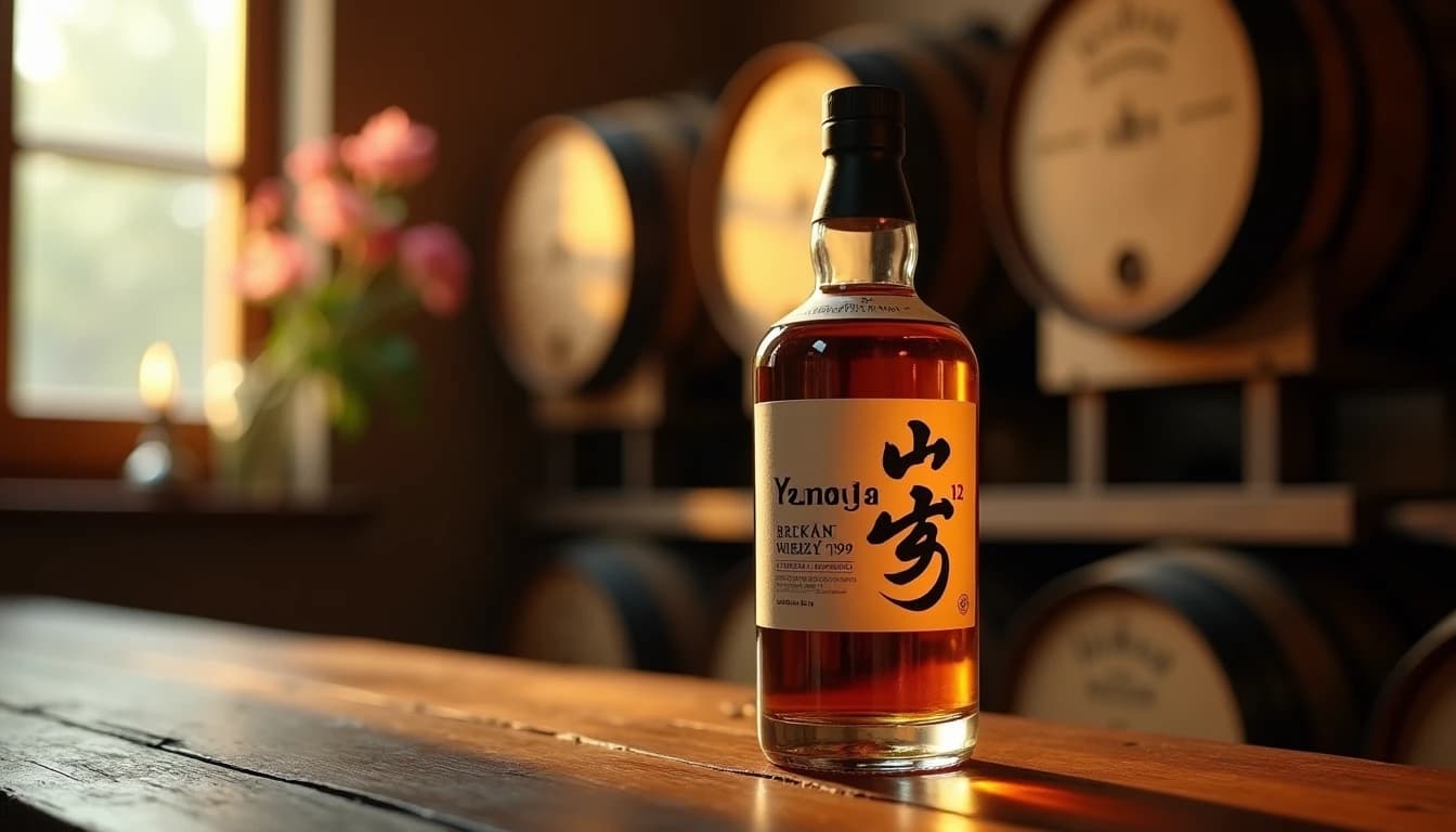 Editorial hero shot of a Yamazaki 12 whisky bottle standing upright on a dark aged oak table, warm amber window light from the left side illuminating the label and golden liquid, shallow depth of field with blurred whisky barrels in the background, rich brown and amber color palette, professional product photography in the style of Whisky Magazine, 35mm lens feel, no candles, no flowers, editorial product photography, Whisky Magazine and Cigar Aficionado style, professional, hyperrealistic, warm amber lighting from window or bar lamp, polished wood and brass, shallow depth of field, 50mm lens look. Avoid: candles, lit candle, flowers, vases, Christmas decorations, neon, futuristic, jewelry, hanging bulbs, digital screens, motion blur, cartoon, illustration.