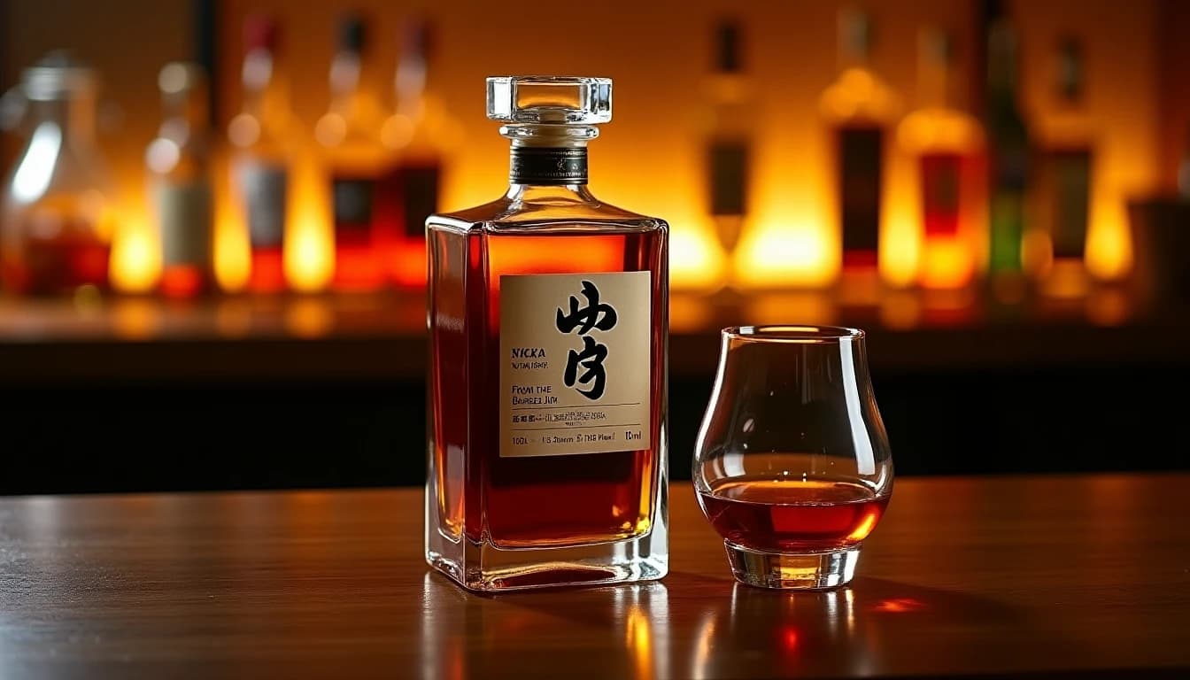 Editorial product shot of a Nikka From The Barrel whisky bottle, compact square thick-glass bottle standing upright on a dark polished walnut bar counter, warm amber backlighting from a low bar lamp behind the bottle casting soft golden glow, a half-filled Glencairn glass with deep copper whisky beside it, blurred bottle shelf in background, photographic style of Whisky Magazine, 50mm lens look, shallow depth of field, rich amber and dark brown color palette, no candles, no flowers, no neon, editorial product photography, Whisky Magazine and Cigar Aficionado style, professional, hyperrealistic, warm amber lighting from window or bar lamp, polished wood and brass, shallow depth of field, 50mm lens look. Avoid: candles, lit candle, flowers, vases, Christmas decorations, neon, futuristic, jewelry, hanging bulbs, digital screens, motion blur, cartoon, illustration.