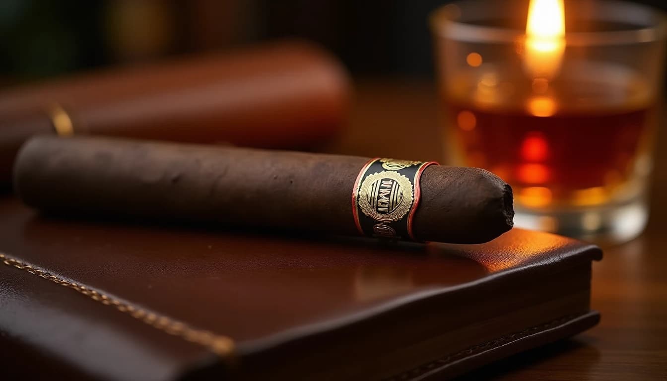 Editorial hero shot of a Padron 1964 Anniversary Maduro Belicoso cigar resting on a dark walnut humidor lid, the cigar's oily dark maduro wrapper filling the frame, soft warm amber side lighting from a low bar lamp to the right, leather-bound journal and a short glass of bourbon slightly out of focus in the background, rich brown and mahogany color palette, shallow depth of field, photographic style of Cigar Aficionado magazine, 50mm lens feel, no candles, no flowers, editorial product photography, Whisky Magazine and Cigar Aficionado style, professional, hyperrealistic, warm amber lighting from window or bar lamp, polished wood and brass, shallow depth of field, 50mm lens look. Avoid: candles, lit candle, flowers, vases, Christmas decorations, neon, futuristic, jewelry, hanging bulbs, digital screens, motion blur, cartoon, illustration.