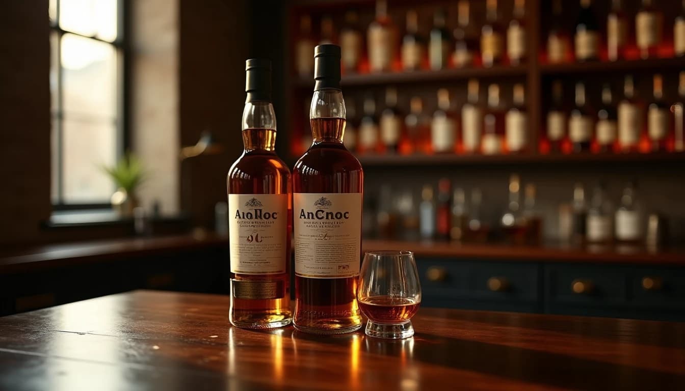 Editorial product photography of an AnCnoc single malt Scotch whisky bottle on a dark polished oak bar counter, warm amber light coming from the left through a narrow window, a Glencairn glass half-filled beside the bottle, blurred shelf of whisky bottles in the background, deep shadow on the right side, soft copper and brown color palette, Whisky Magazine editorial style, 50mm lens impression, shallow depth of field, no candles, no flowers, no neon, editorial product photography, Whisky Magazine and Cigar Aficionado style, professional, hyperrealistic, warm amber lighting from window or bar lamp, polished wood and brass, shallow depth of field, 50mm lens look. Avoid: candles, lit candle, flowers, vases, Christmas decorations, neon, futuristic, jewelry, hanging bulbs, digital screens, motion blur, cartoon, illustration.