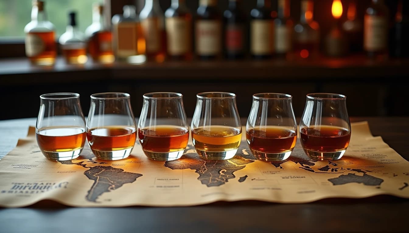 Editorial flat-lay of eight different whisky glasses arranged in a wide arc on a dark aged oak table, each glass filled with different shades of amber liquid from pale gold to deep mahogany, subtle warm window light from the left, world map softly visible on aged parchment paper beneath the glasses, no labels visible but varied bottle silhouettes blurred in background, Whisky Magazine editorial style, 35mm wide angle, cool shadow contrast, no candles, no flowers, editorial product photography, Whisky Magazine and Cigar Aficionado style, professional, hyperrealistic, warm amber lighting from window or bar lamp, polished wood and brass, shallow depth of field, 50mm lens look. Avoid: candles, lit candle, flowers, vases, Christmas decorations, neon, futuristic, jewelry, hanging bulbs, digital screens, motion blur, cartoon, illustration.
