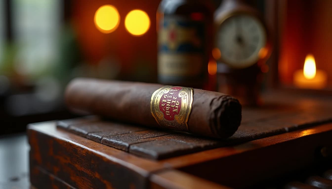 Editorial hero shot of a Padron 1964 Anniversary Maduro Torpedo cigar resting on a dark aged mahogany humidor lid, rich oily dark brown wrapper clearly visible, warm amber side lighting from a distant window, shallow depth of field with cedar sheets and a hygrometer softly blurred in background, muted earth tones and deep chocolate palette, photographic style of Cigar Aficionado magazine, 50mm lens feel, no candles, no flowers, no neon, editorial product photography, Whisky Magazine and Cigar Aficionado style, professional, hyperrealistic, warm amber lighting from window or bar lamp, polished wood and brass, shallow depth of field, 50mm lens look. Avoid: candles, lit candle, flowers, vases, Christmas decorations, neon, futuristic, jewelry, hanging bulbs, digital screens, motion blur, cartoon, illustration.