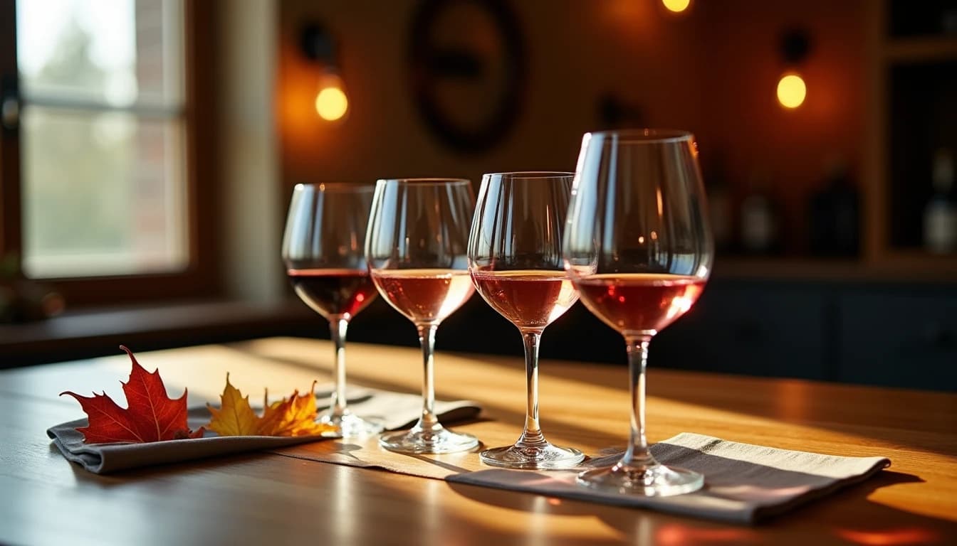 Editorial hero shot of four wine glasses arranged in a seasonal progression on a long oak table, each glass containing different wine styles: deep red Barolo, pale Pinot Noir, bright Provence rosé, sparkling Franciacorta; autumn leaves and a linen napkin as minimal props, warm side window light from the left casting long shadows, photographic style of Decanter magazine, 35mm wide look, shallow depth of field, muted earth tones and amber palette, no candles, no flowers, no neon, editorial product photography, Whisky Magazine and Cigar Aficionado style, professional, hyperrealistic, warm amber lighting from window or bar lamp, polished wood and brass, shallow depth of field, 50mm lens look. Avoid: candles, lit candle, flowers, vases, Christmas decorations, neon, futuristic, jewelry, hanging bulbs, digital screens, motion blur, cartoon, illustration.