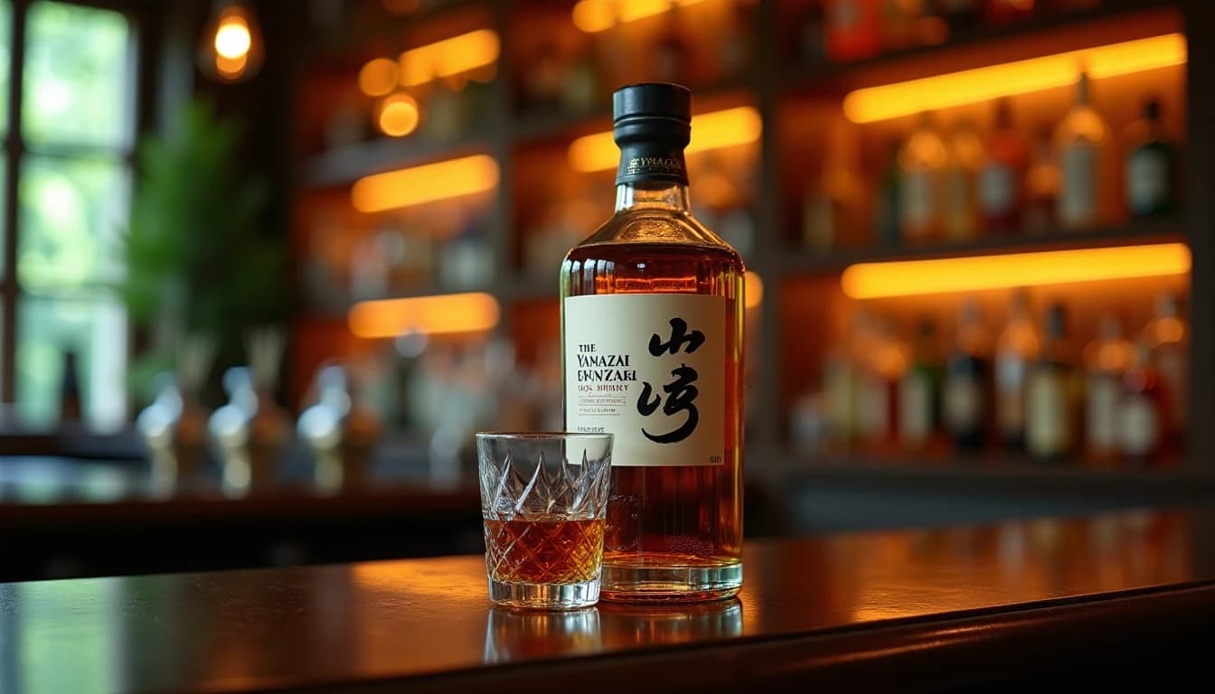 Editorial hero shot of a Yamazaki 12 Year Old Suntory whisky bottle on a dark polished wooden bar counter, amber liquid in a Glencairn glass beside it, soft warm window light filtering from the left through rain-fogged glass, blurred liquor shelves in background with warm amber tones, deep green bokeh from foliage outside, photographic style of Whisky Magazine, 50mm lens impression, shallow depth of field, no candles, no flowers, no neon, editorial product photography, Whisky Magazine and Cigar Aficionado style, professional, hyperrealistic, warm amber lighting from window or bar lamp, polished wood and brass, shallow depth of field, 50mm lens look. Avoid: candles, lit candle, flowers, vases, Christmas decorations, neon, futuristic, jewelry, hanging bulbs, digital screens, motion blur, cartoon, illustration.