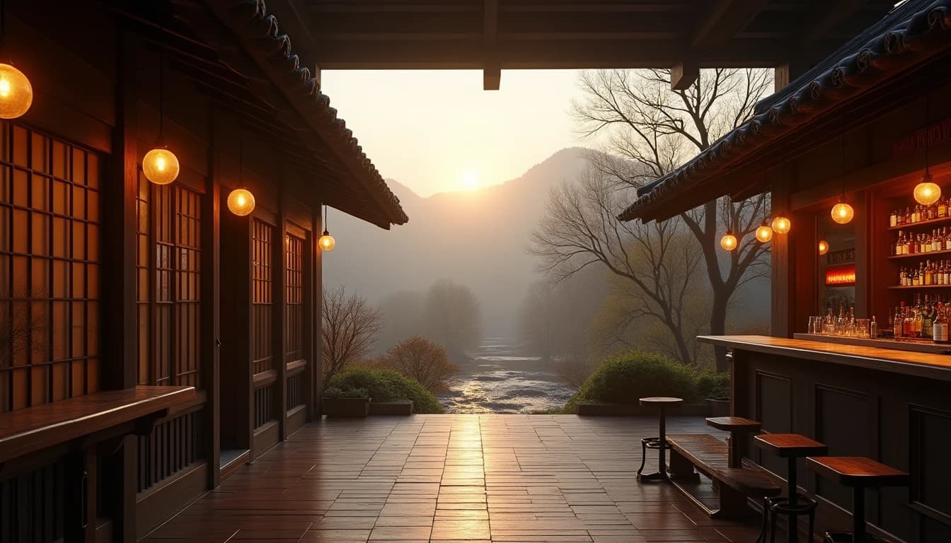 Editorial wide-angle shot of Yamazaki distillery exterior at dawn, mist rising from a valley between bamboo and cedar forests, traditional Japanese architecture with wooden beams and dark timber walls, warm amber morning light filtering through fog, the building name subtly visible, photographic style of Whisky Magazine, cinematic depth, no candles, no flowers, no neon, editorial product photography, Whisky Magazine and Cigar Aficionado style, professional, hyperrealistic, warm amber lighting from window or bar lamp, polished wood and brass, shallow depth of field, 50mm lens look. Avoid: candles, lit candle, flowers, vases, Christmas decorations, neon, futuristic, jewelry, hanging bulbs, digital screens, motion blur, cartoon, illustration.