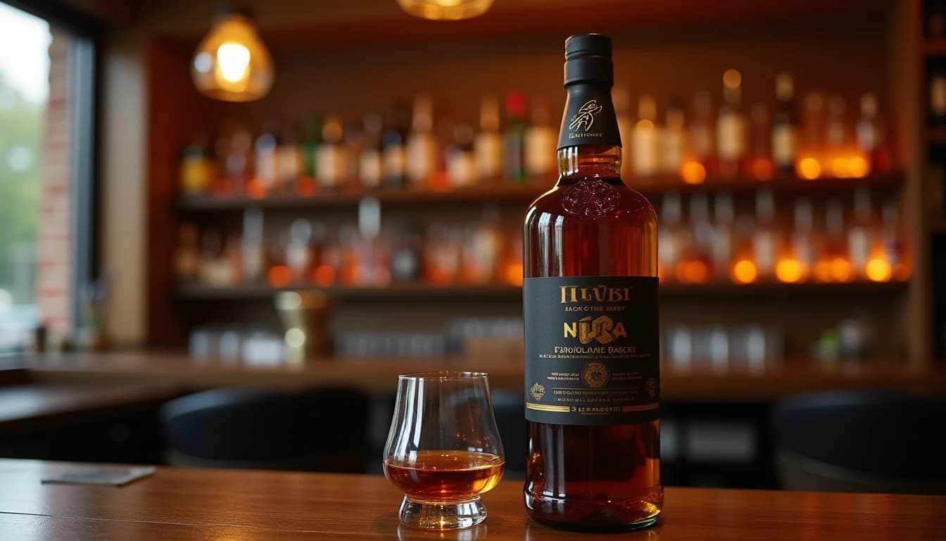 Editorial product shot of a Nikka From The Barrel whisky bottle, rectangular black-labeled bottle standing upright on a dark walnut bar surface, half-filled amber Glencairn glass beside it, warm amber window light from upper left, blurred wooden shelves with bottles in background, shallow depth of field, no candles, no flowers, Whisky Magazine editorial style, 50mm lens look, rich copper and mahogany color palette, editorial product photography, Whisky Magazine and Cigar Aficionado style, professional, hyperrealistic, warm amber lighting from window or bar lamp, polished wood and brass, shallow depth of field, 50mm lens look. Avoid: candles, lit candle, flowers, vases, Christmas decorations, neon, futuristic, jewelry, hanging bulbs, digital screens, motion blur, cartoon, illustration.