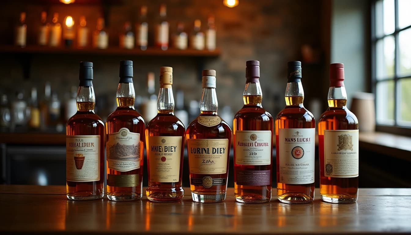 Editorial flat-lay of eight distinct whisky bottles representing different world regions arranged on a dark aged oak table, each bottle clearly different in shape and label style, warm amber side lighting from a bar window, shallow depth of field focusing on bottle labels, Whisky Magazine editorial style, 35mm look, muted earth tones and deep browns, no candles, no flowers, editorial product photography, Whisky Magazine and Cigar Aficionado style, professional, hyperrealistic, warm amber lighting from window or bar lamp, polished wood and brass, shallow depth of field, 50mm lens look. Avoid: candles, lit candle, flowers, vases, Christmas decorations, neon, futuristic, jewelry, hanging bulbs, digital screens, motion blur, cartoon, illustration.
